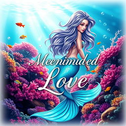 A captivating book cover for 'Mermaid Love,' featuring a stunningly beautiful mermaid with delicate, flowing hair and an iridescent tail that shimmers in shades of turquoise and lavender