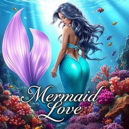 A captivating book cover for 'Mermaid Love,' featuring a stunningly beautiful mermaid with delicate, flowing hair and an iridescent tail that shimmers in shades of turquoise and lavender