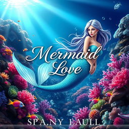A captivating book cover for 'Mermaid Love,' featuring a stunningly beautiful mermaid with delicate, flowing hair and an iridescent tail that shimmers in shades of turquoise and lavender