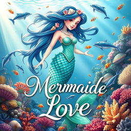 A captivating book cover for 'Mermaid Love,' illustrating a stunningly beautiful mermaid with shimmering scales in hues of blue and green, flowing hair adorned with seashells and pearls
