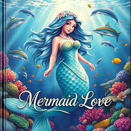 A captivating book cover for 'Mermaid Love,' illustrating a stunningly beautiful mermaid with shimmering scales in hues of blue and green, flowing hair adorned with seashells and pearls