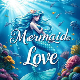 A captivating book cover for 'Mermaid Love,' illustrating a stunningly beautiful mermaid with shimmering scales in hues of blue and green, flowing hair adorned with seashells and pearls