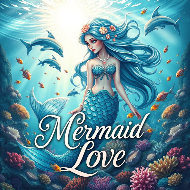 A captivating book cover for 'Mermaid Love,' illustrating a stunningly beautiful mermaid with shimmering scales in hues of blue and green, flowing hair adorned with seashells and pearls