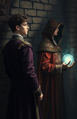 A captivating scene featuring a royal prince with delicate features, wearing opulent royal attire, his back against a textured stone brick wall