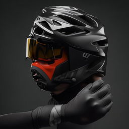 A set of gear for a male bicycle rider, including a modern helmet, gloves, and suit designed for safety and aerodynamic performance.