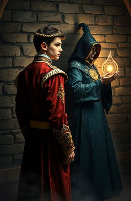 A captivating scene featuring a royal prince with delicate features, wearing opulent royal attire, his back against a textured stone brick wall