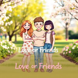 A charming book cover for the title 'Love or Friends,' showcasing a warm and friendly scene featuring two girls and one boy in the center