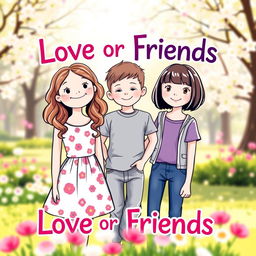 A charming book cover for the title 'Love or Friends,' showcasing a warm and friendly scene featuring two girls and one boy in the center
