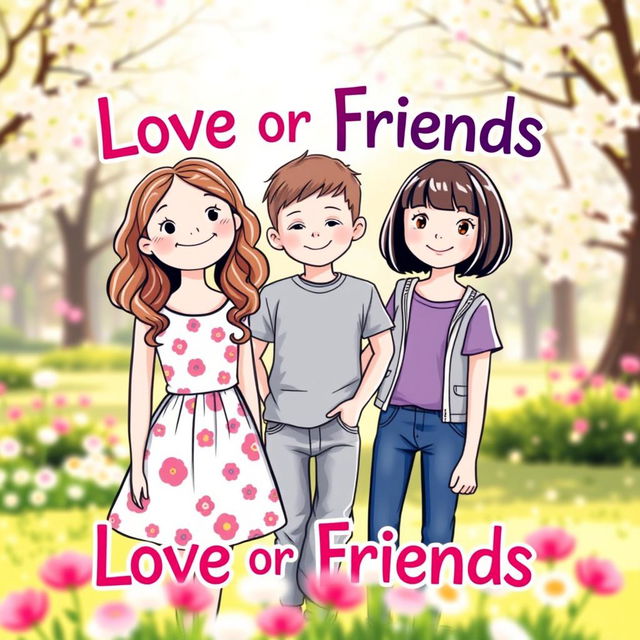 A charming book cover for the title 'Love or Friends,' showcasing a warm and friendly scene featuring two girls and one boy in the center