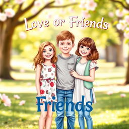 A charming book cover for the title 'Love or Friends,' showcasing a warm and friendly scene featuring two girls and one boy in the center