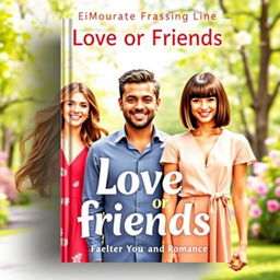 A vibrant book cover for the title 'Love or Friends,' featuring two women and one man positioned in the center