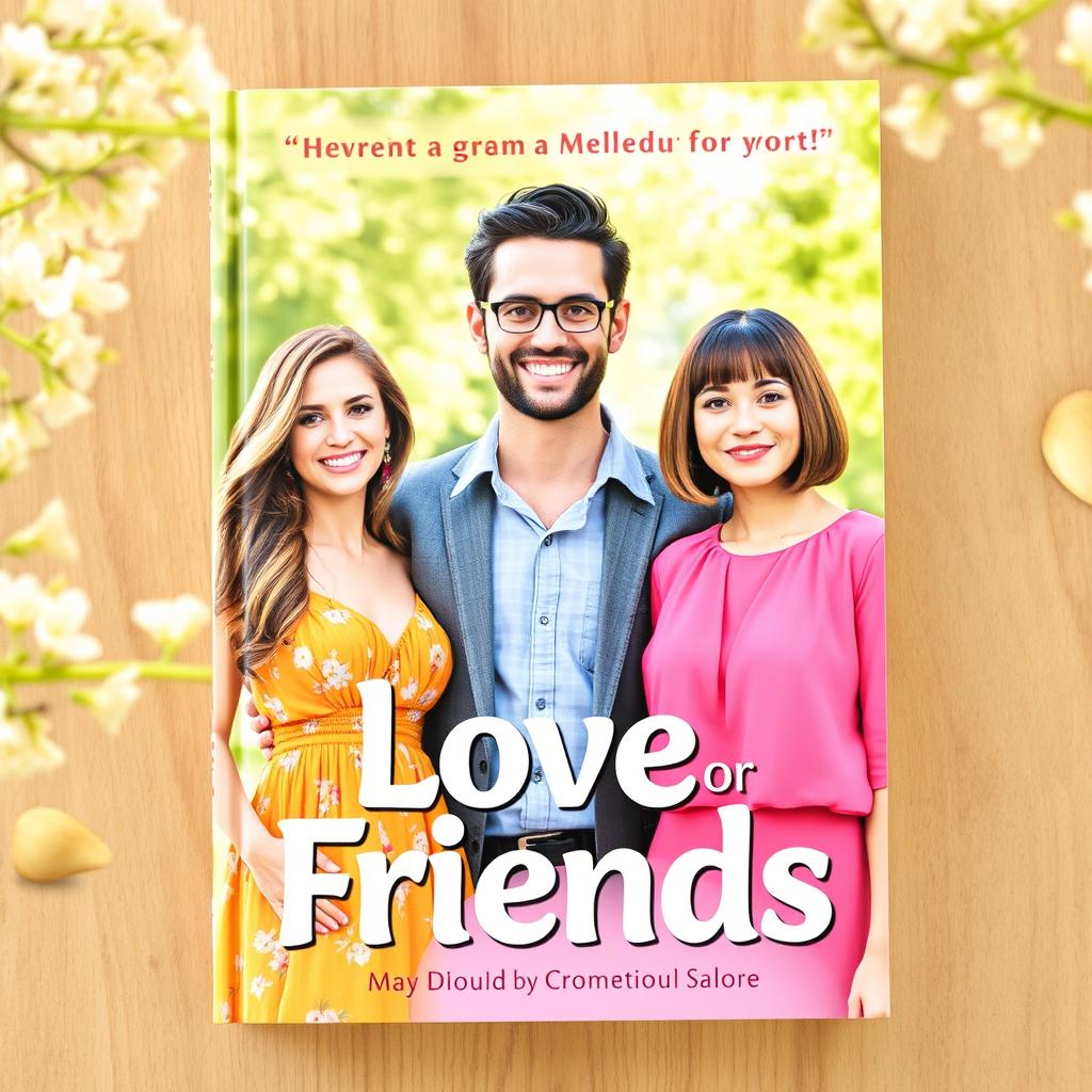 A vibrant book cover for the title 'Love or Friends,' featuring two women and one man positioned in the center