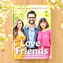 A vibrant book cover for the title 'Love or Friends,' featuring two women and one man positioned in the center