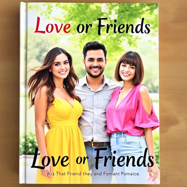 A vibrant book cover for the title 'Love or Friends,' featuring two women and one man positioned in the center