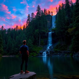 A man standing on a rocky edge near a serene lake within a dense forest, gazing at a vibrant sunset