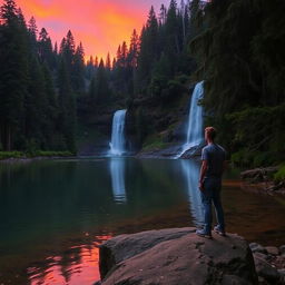 A man standing on a rocky edge near a serene lake within a dense forest, gazing at a vibrant sunset
