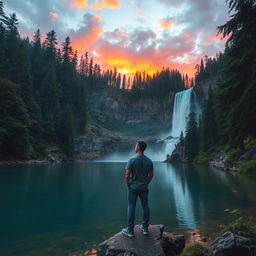 A man standing on a rocky edge near a serene lake within a dense forest, gazing at a vibrant sunset