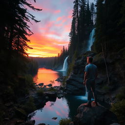 A man standing on a rocky edge near a serene lake within a dense forest, gazing at a vibrant sunset