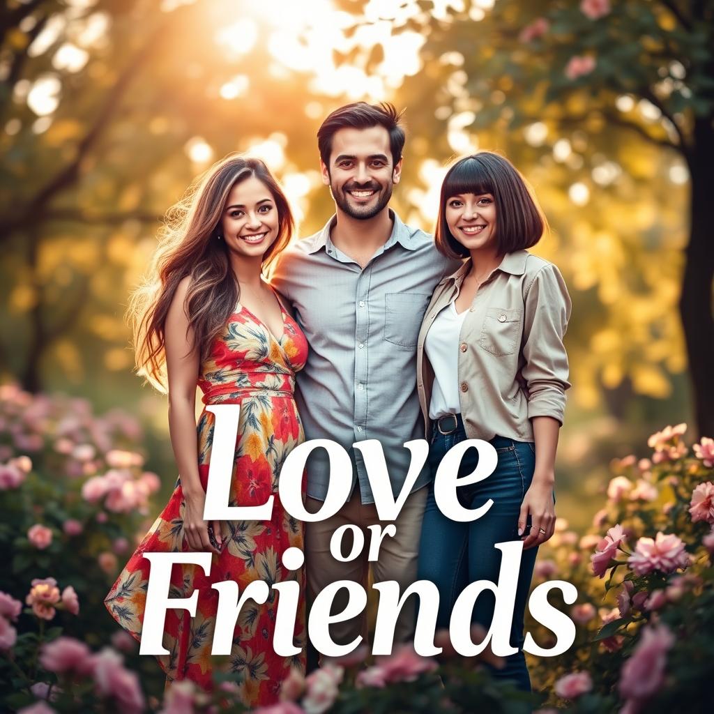 An engaging book cover for the title 'Love or Friends,' featuring two women and one man positioned in the center