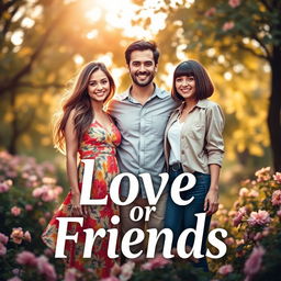 An engaging book cover for the title 'Love or Friends,' featuring two women and one man positioned in the center