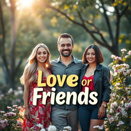An engaging book cover for the title 'Love or Friends,' featuring two women and one man positioned in the center