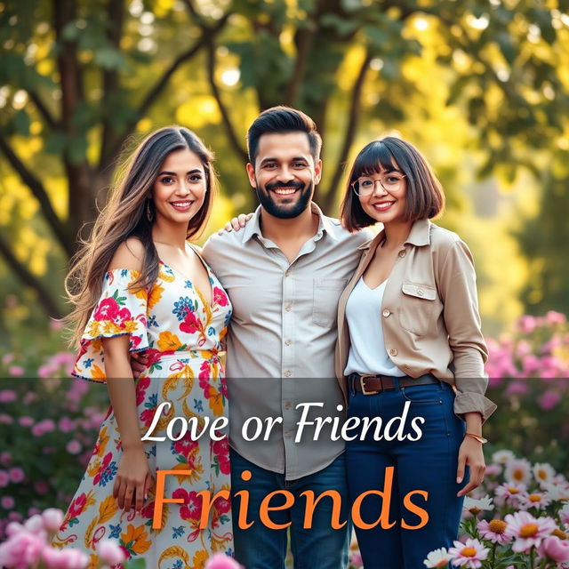 An engaging book cover for the title 'Love or Friends,' featuring two women and one man positioned in the center