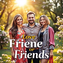 An engaging book cover for the title 'Love or Friends,' featuring two women and one man positioned in the center