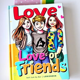 A captivating book cover for the title 'Love or Friends,' featuring a colorful and artistic representation of two teenage girls and one teenage boy in the center