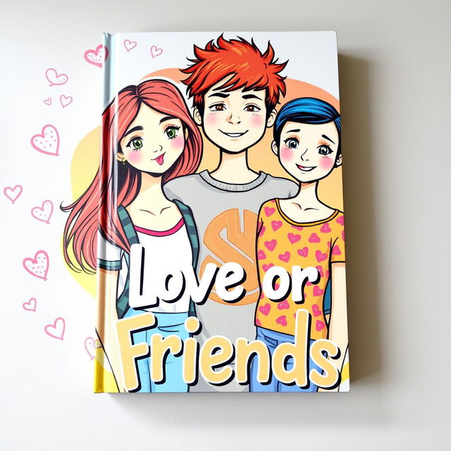 A captivating book cover for the title 'Love or Friends,' featuring a colorful and artistic representation of two teenage girls and one teenage boy in the center