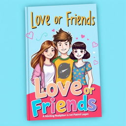 A captivating book cover for the title 'Love or Friends,' featuring a colorful and artistic representation of two teenage girls and one teenage boy in the center