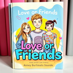 A captivating book cover for the title 'Love or Friends,' featuring a colorful and artistic representation of two teenage girls and one teenage boy in the center