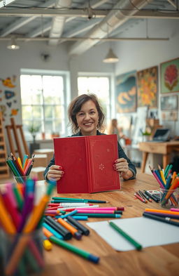 A creative workshop scene featuring an artist sitting at a large wooden table, surrounded by an assortment of vibrant art supplies like colored pens, markers, and brushes
