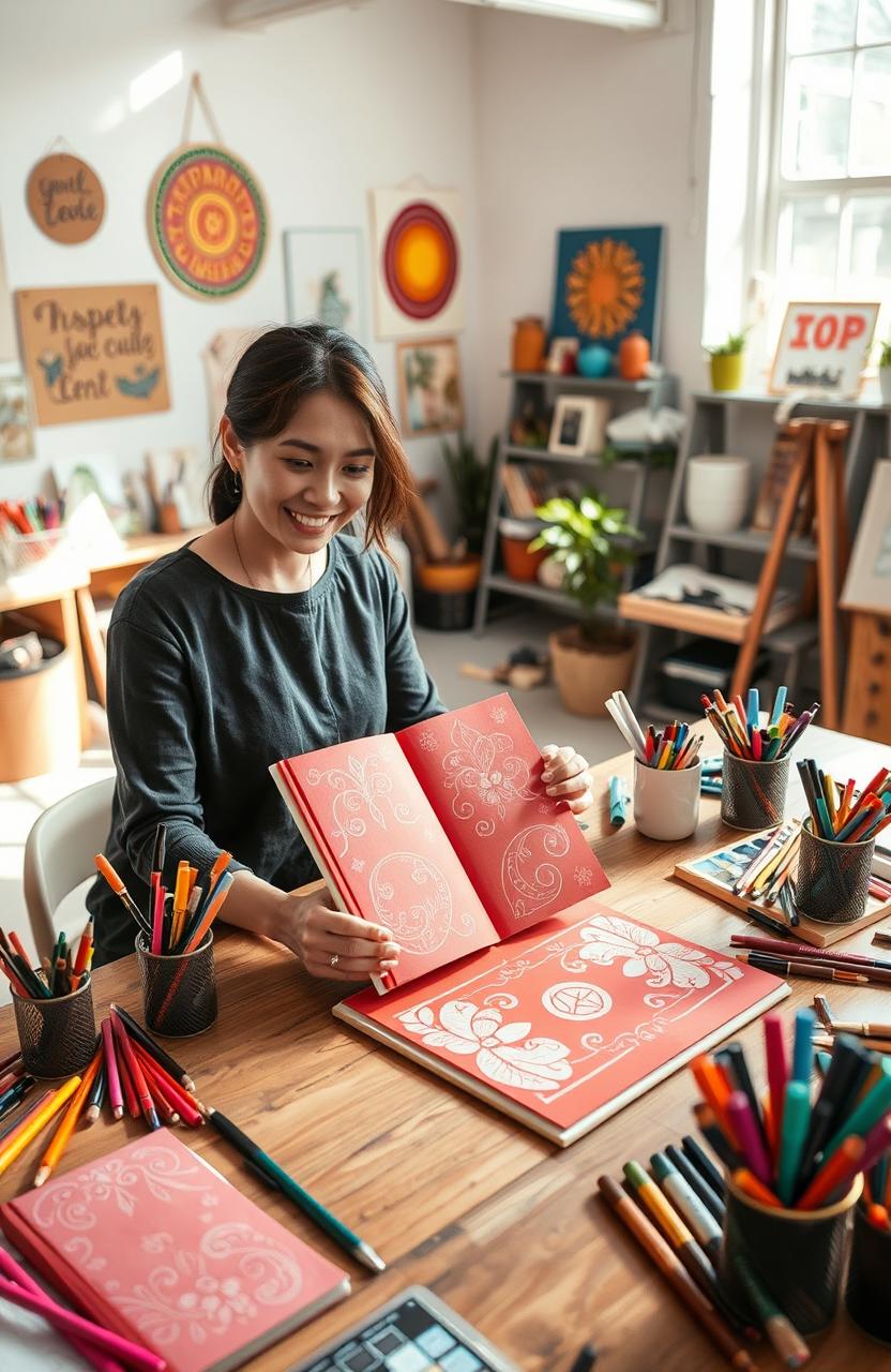 A creative workshop scene featuring an artist sitting at a large wooden table, surrounded by an assortment of vibrant art supplies like colored pens, markers, and brushes