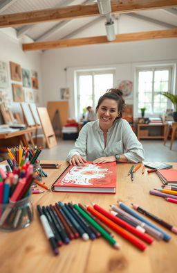 A creative workshop scene featuring an artist sitting at a large wooden table, surrounded by an assortment of vibrant art supplies like colored pens, markers, and brushes