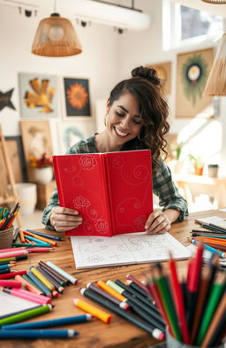 A creative workshop scene featuring an artist sitting at a large wooden table, surrounded by an assortment of vibrant art supplies like colored pens, markers, and brushes