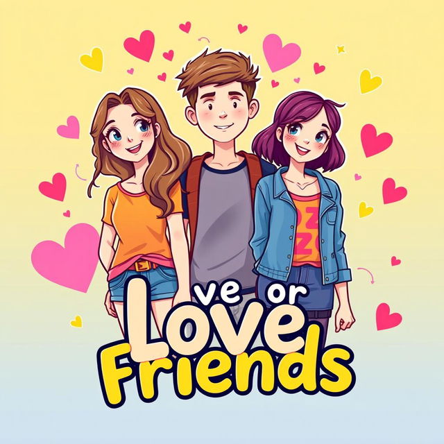 A captivating book cover for the title 'Love or Friends,' featuring a vibrant illustration of two teenage girls and one teenage boy in the center