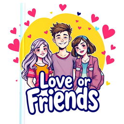 A captivating book cover for the title 'Love or Friends,' featuring a vibrant illustration of two teenage girls and one teenage boy in the center