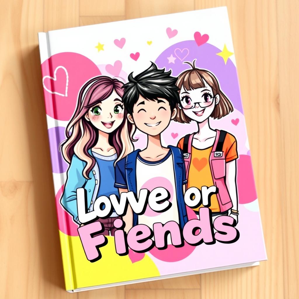 A captivating book cover for the title 'Love or Friends,' featuring a vibrant illustration of two teenage girls and one teenage boy in the center