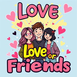 A captivating book cover for the title 'Love or Friends,' featuring a vibrant illustration of two teenage girls and one teenage boy in the center