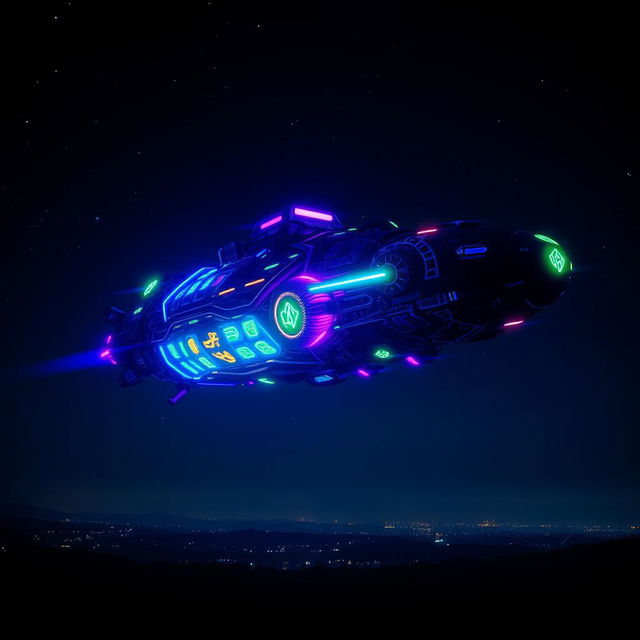 A futuristic alien spaceship hovering in a dark sky, illuminated by vibrant neon lights in shades of blue, purple, and green