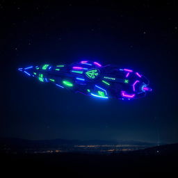 A futuristic alien spaceship hovering in a dark sky, illuminated by vibrant neon lights in shades of blue, purple, and green