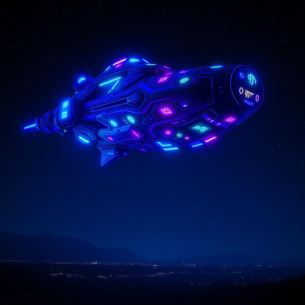 A futuristic alien spaceship hovering in a dark sky, illuminated by vibrant neon lights in shades of blue, purple, and green