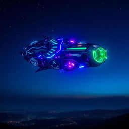 A futuristic alien spaceship hovering in a dark sky, illuminated by vibrant neon lights in shades of blue, purple, and green