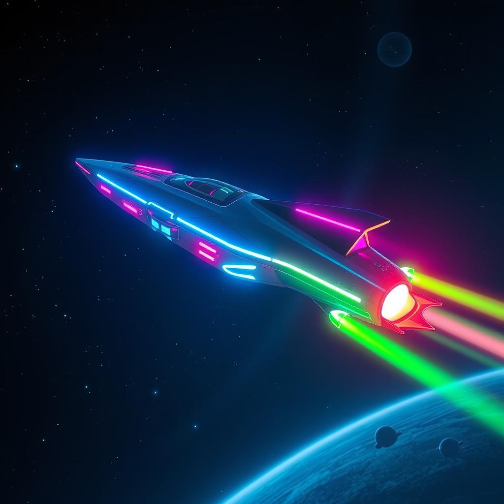 A futuristic alien spaceship illuminated with vibrant neon lights in various colors such as blue, pink, and green, soaring through the starry night sky