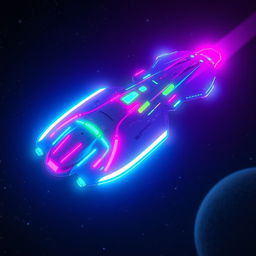 A futuristic alien spaceship illuminated with vibrant neon lights in various colors such as blue, pink, and green, soaring through the starry night sky