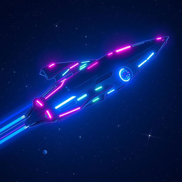 A futuristic alien spaceship illuminated with vibrant neon lights in various colors such as blue, pink, and green, soaring through the starry night sky