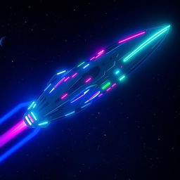 A futuristic alien spaceship illuminated with vibrant neon lights in various colors such as blue, pink, and green, soaring through the starry night sky