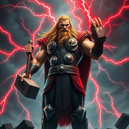 A powerful depiction of Thor, the Norse god of thunder, standing tall with striking red lightning bolts crackling around him