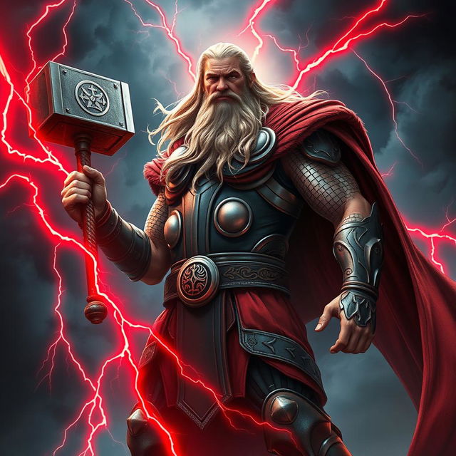 A powerful depiction of Thor, the Norse god of thunder, standing tall with striking red lightning bolts crackling around him