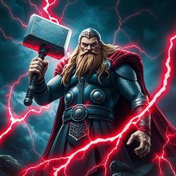 A powerful depiction of Thor, the Norse god of thunder, standing tall with striking red lightning bolts crackling around him